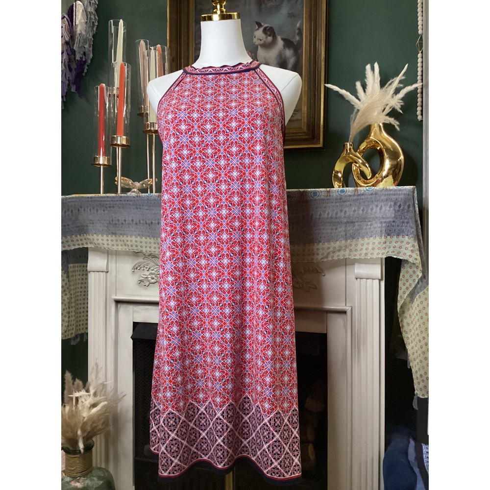 Max Studio Red Blue Geometric Floral Halter T-Back Dress Large 5902W65